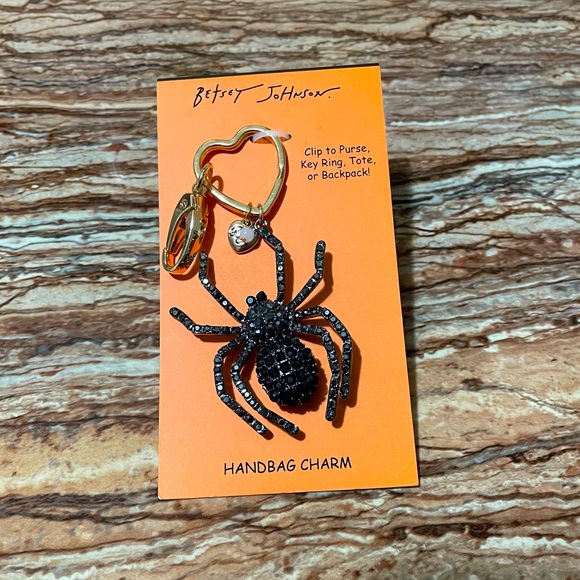 Betsey Johnson Gold Black Gunmetal Crystal Spider Key Fob Bag Charm Keychain - Picture 8 of 8